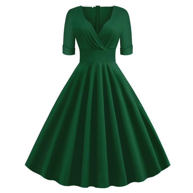 Green Solid Rockabilly S Vintage Ruched V Neck Party Dresses - HEPSIBAH SHOP
