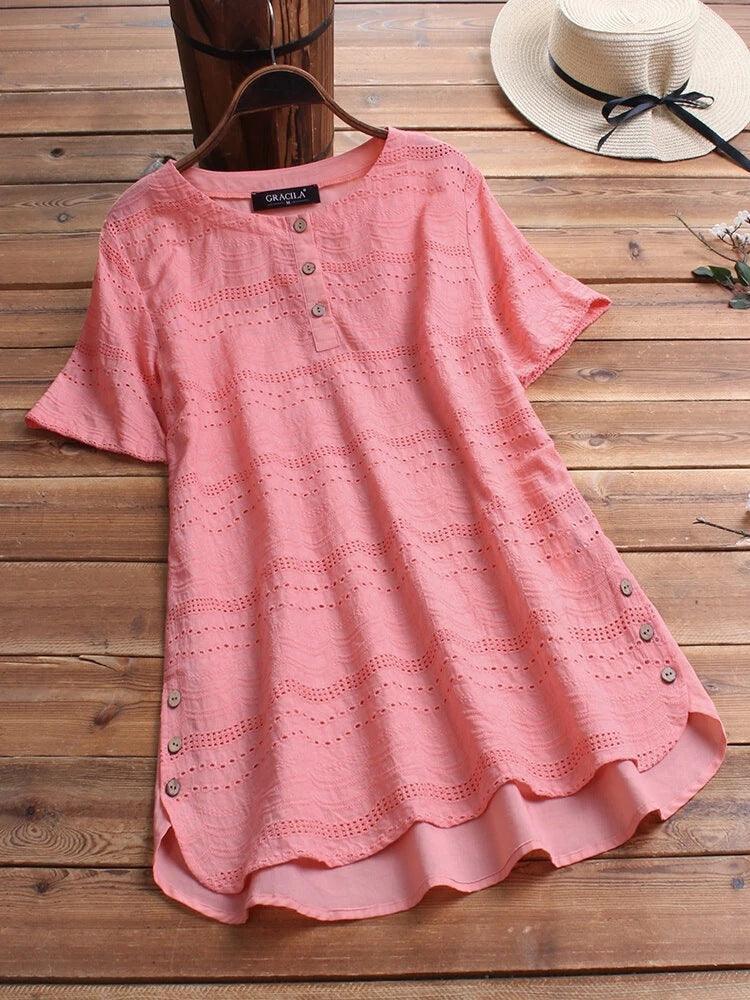 Embroidered Cool Short-Sleeved Button Top - HEPSIBAH SHOP