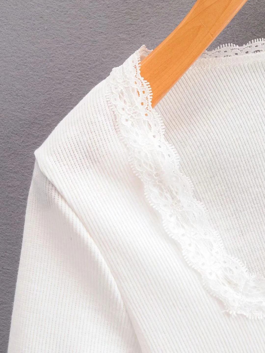 Lace Stitching Square Neck Short Sleeves - HEPSIBAH SHOP