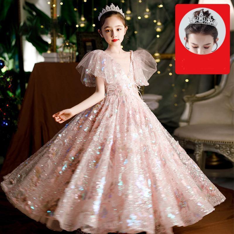 Girls' Dresses, Couture Little Girls, 10-Year-Old Princess Dress, Sequins, Host Catwalk Show, Piano Performance Clothing, Children - HEPSIBAH SHOP