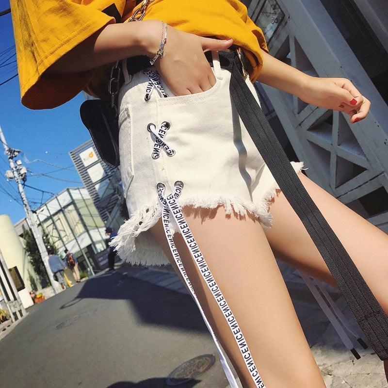 Vintage Snowflake Inelastic Women Denim Shorts With high Waist Straps Tassel Female Summer Shorts For Women's jeans - HEPSIBAH SHOP