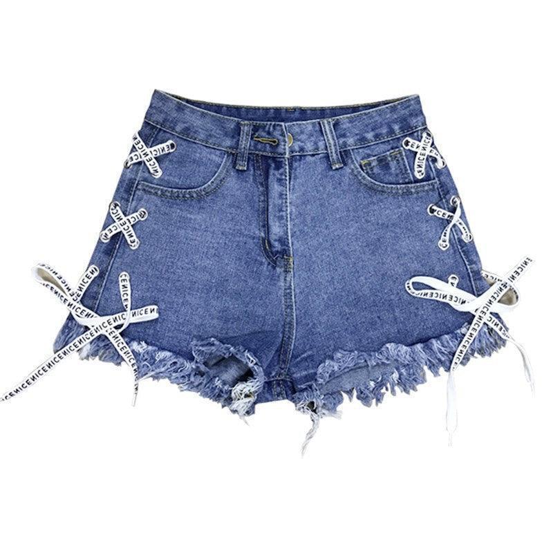 Vintage Snowflake Inelastic Women Denim Shorts With high Waist Straps Tassel Female Summer Shorts For Women's jeans - HEPSIBAH SHOP