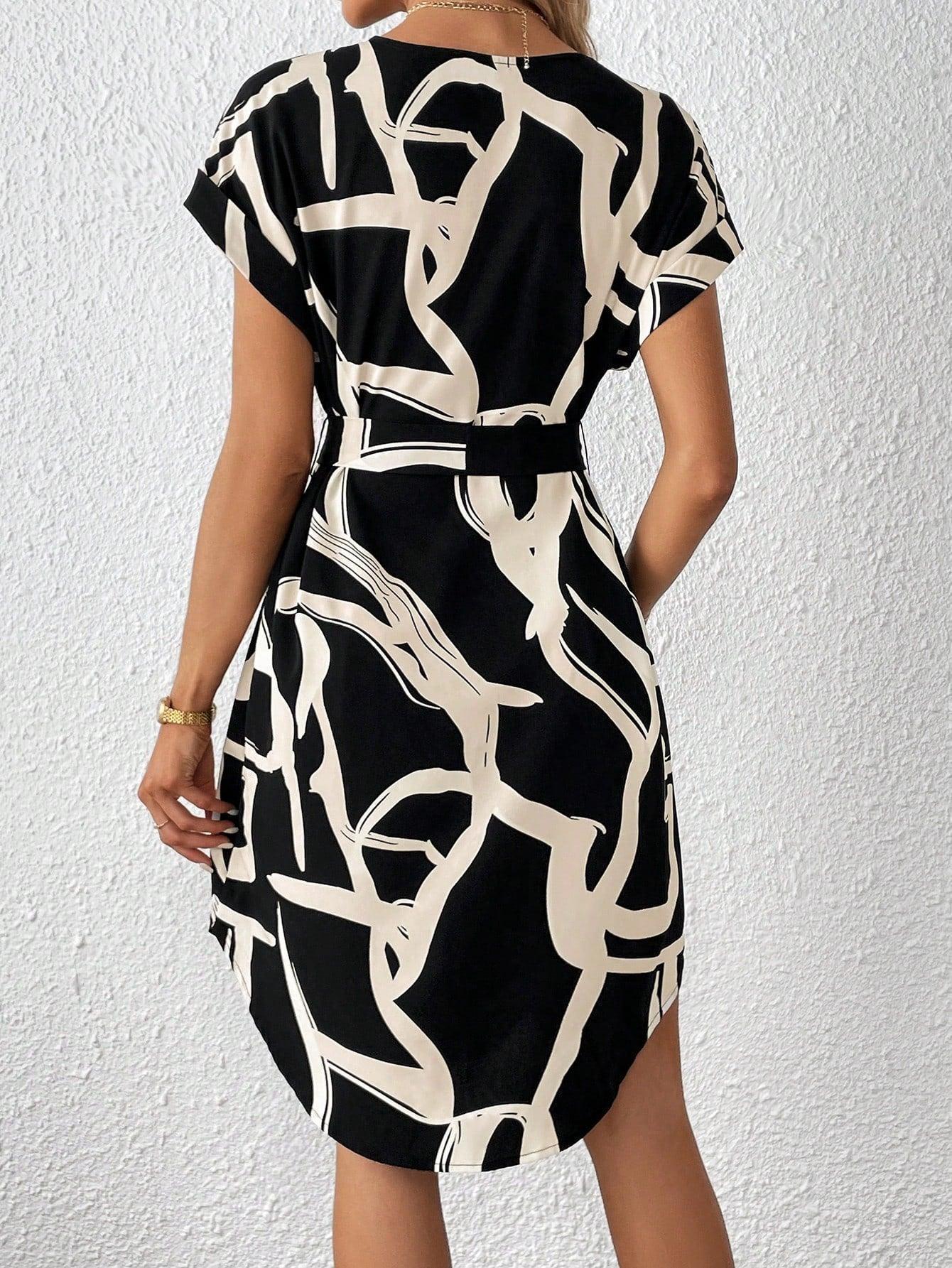 SHEIN Privé Graphic Print Notched Neck Belted Short Summer Dress