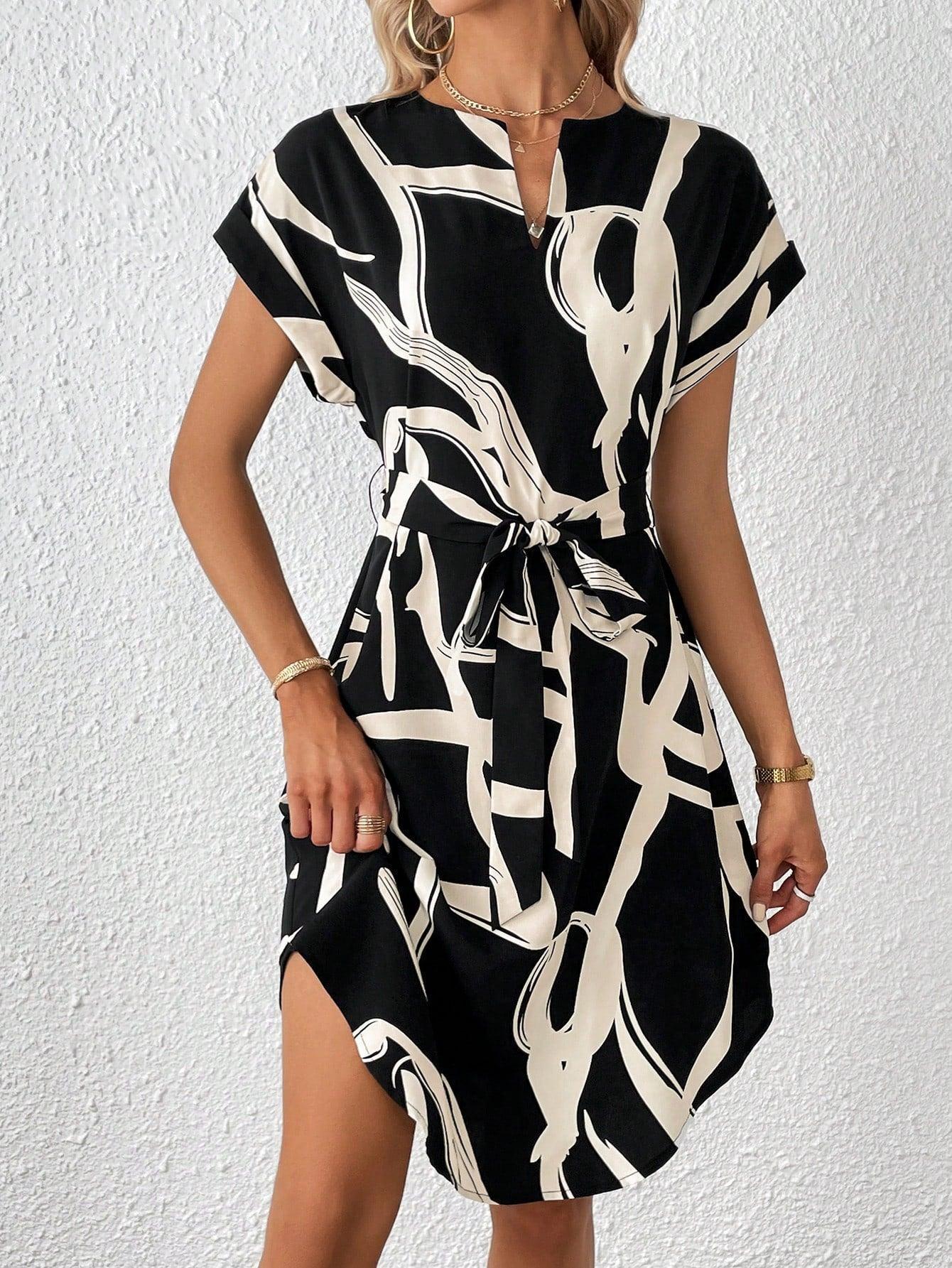 SHEIN Privé Graphic Print Notched Neck Belted Short Summer Dress