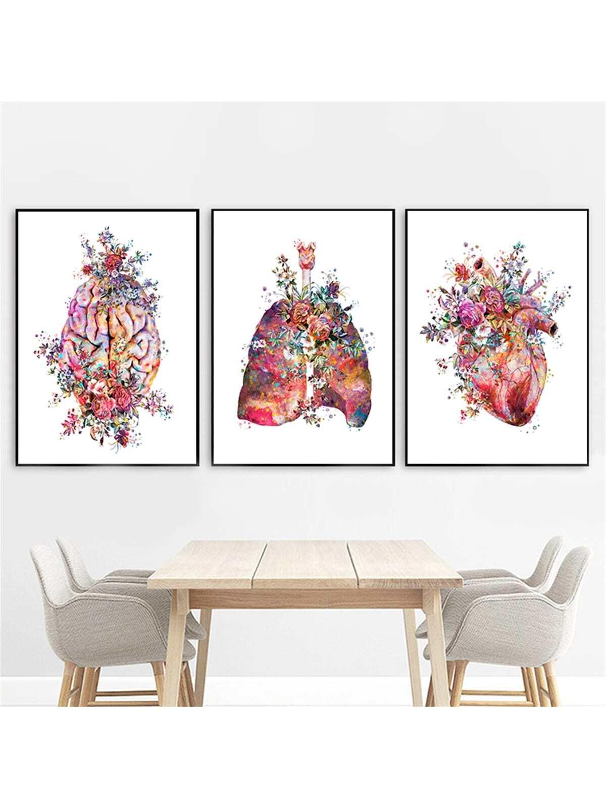 Set Of 3 Anatomy Art Medical Flower Organ Brain Heart Lung Poster Print, Canvas Art, Modern Wall Decoration For Student Education And Hospital Without Frame