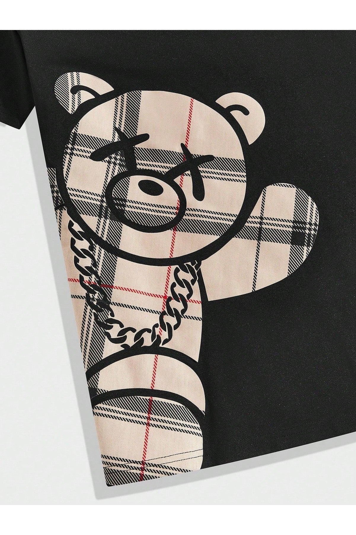 Manfinity Hypemode Men's Checkered Bear Print Short Sleeve T-Shirt And Drawstring Waist Shorts Set