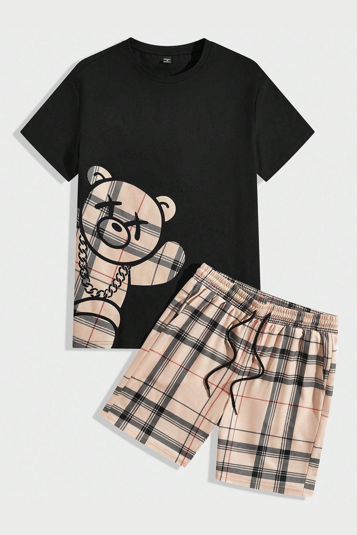 Manfinity Hypemode Men's Checkered Bear Print Short Sleeve T-Shirt And Drawstring Waist Shorts Set