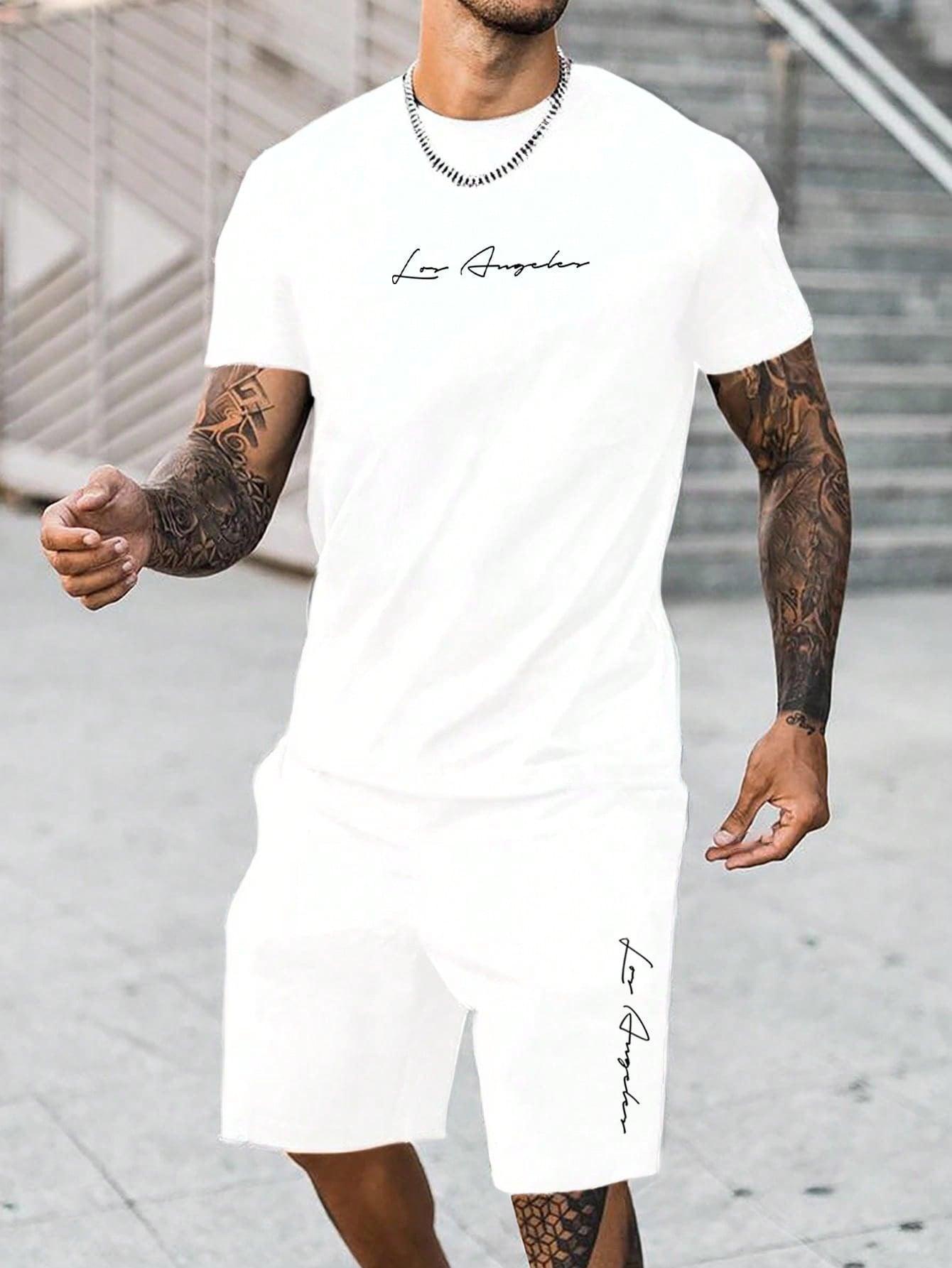 Manfinity Homme White Knitted Men Short-Sleeved T-Shirt And Shorts, 2pcs/Set