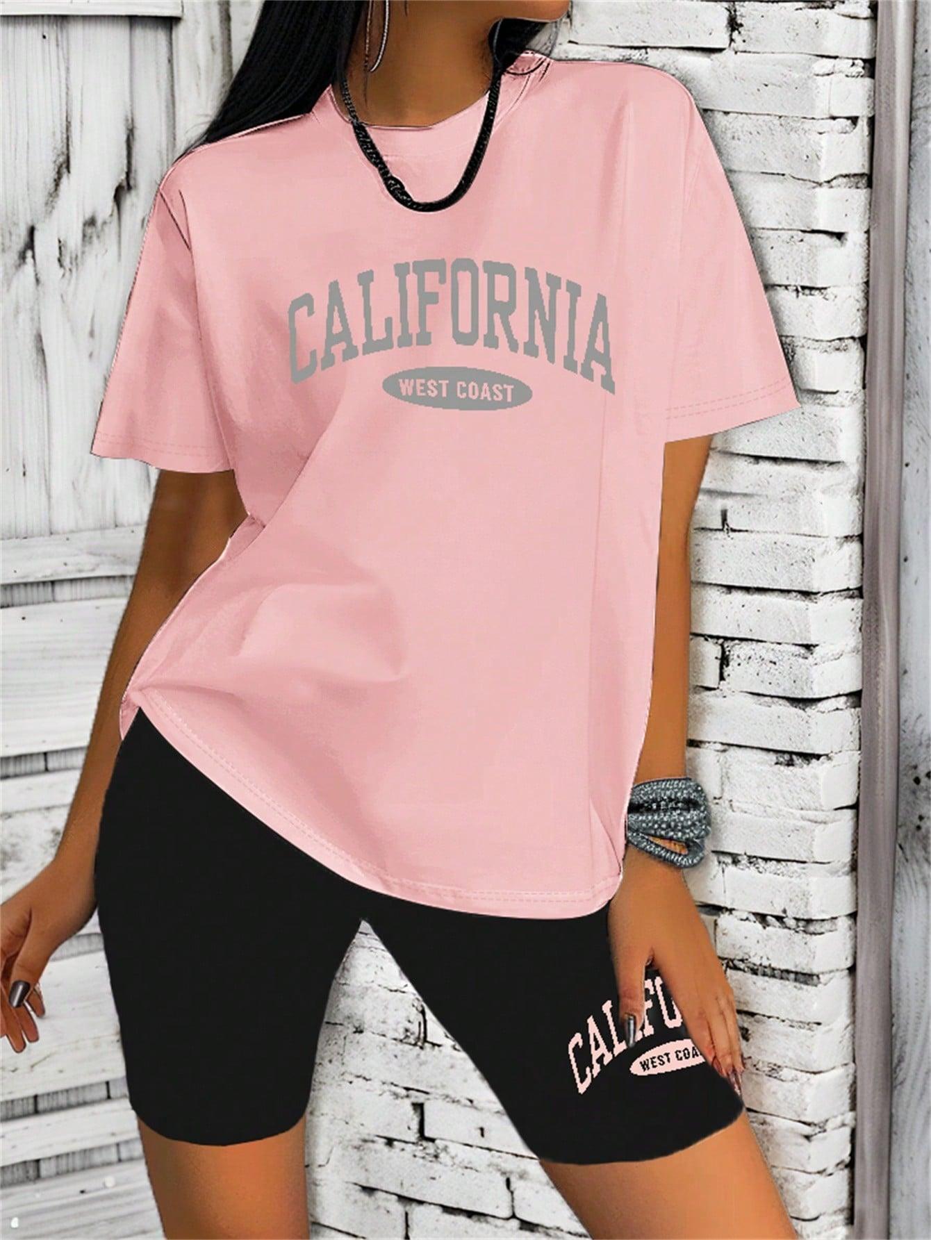 SHEIN EZwear Letter Print Short Sleeve T-Shirt And Shorts Set