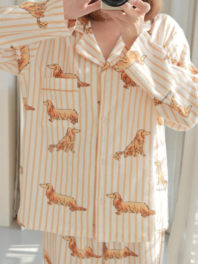Dog Striped Long-sleeved Brushed Cotton Pajamas