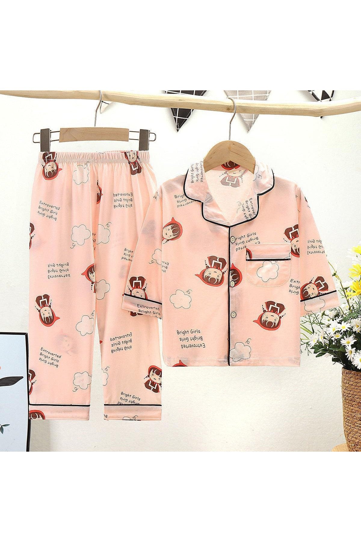 Cotton Kids Lapel Pajamas Set With Three Quarter Sleeves