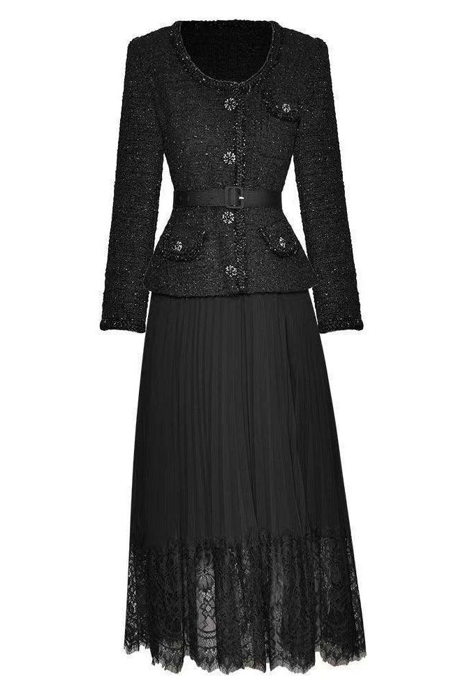V-neck Long Sleeve Lace-up Cinched Patchwork Two-piece Dresses Women - HEPSIBAH SHOP