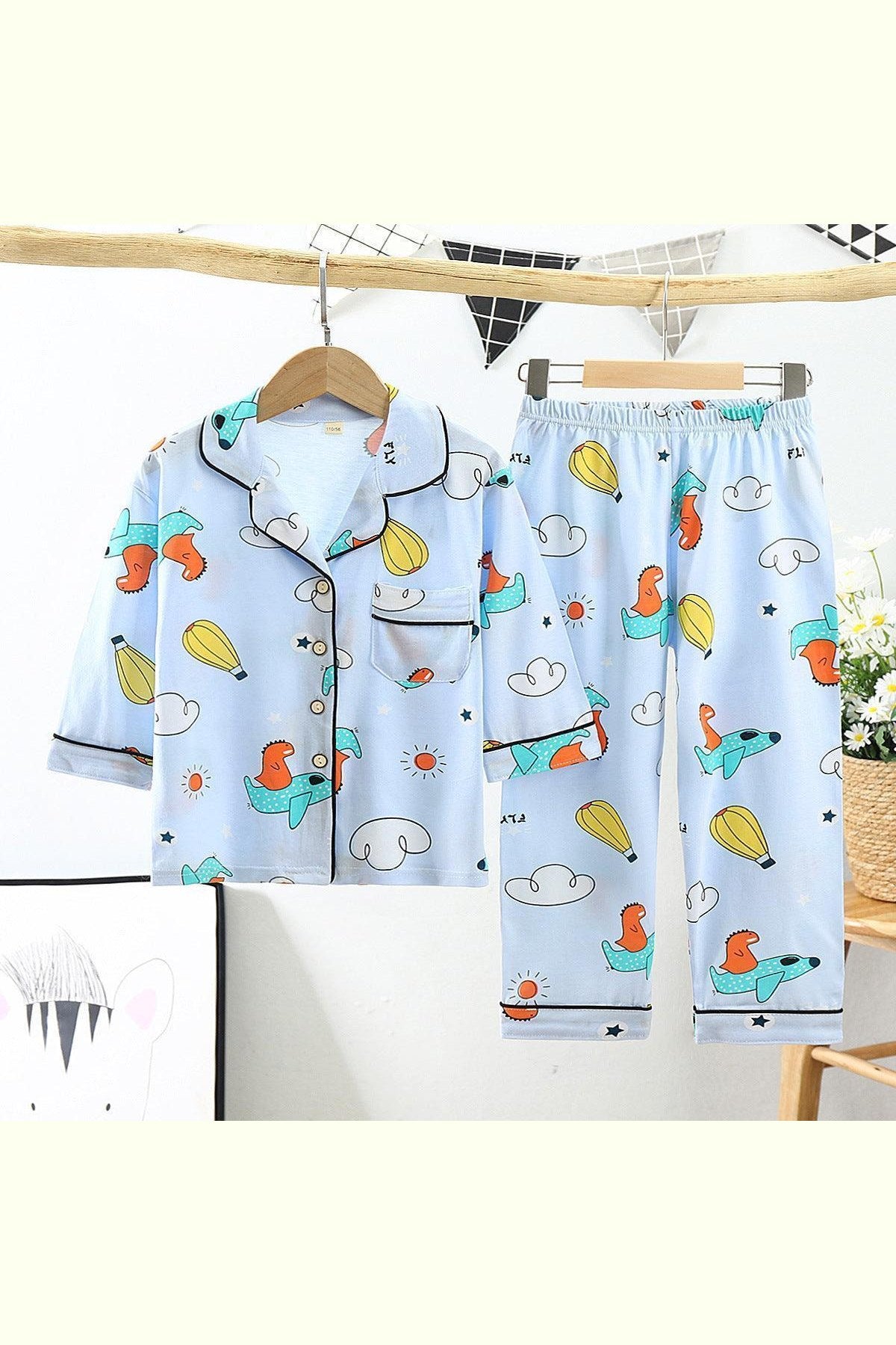 Cotton Kids Lapel Pajamas Set With Three Quarter Sleeves