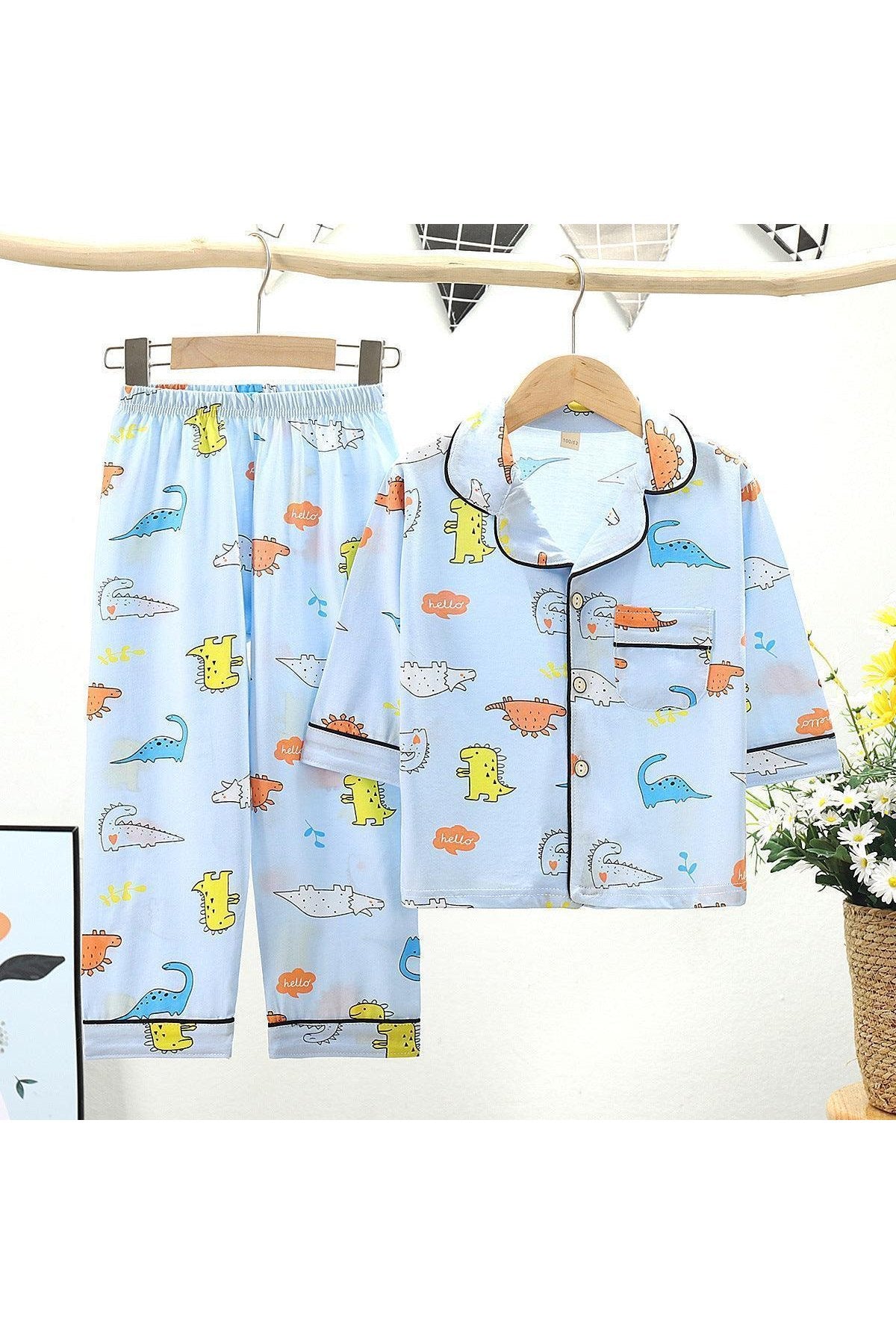 Cotton Kids Lapel Pajamas Set With Three Quarter Sleeves