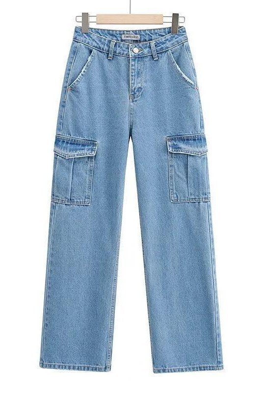 Washed Blue Pocket Decorated High Waist Wide-leg Jeans Women Casual Jeans - HEPSIBAH SHOP