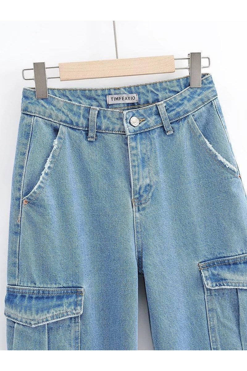 Washed Blue Pocket Decorated High Waist Wide-leg Jeans Women Casual Jeans - HEPSIBAH SHOP
