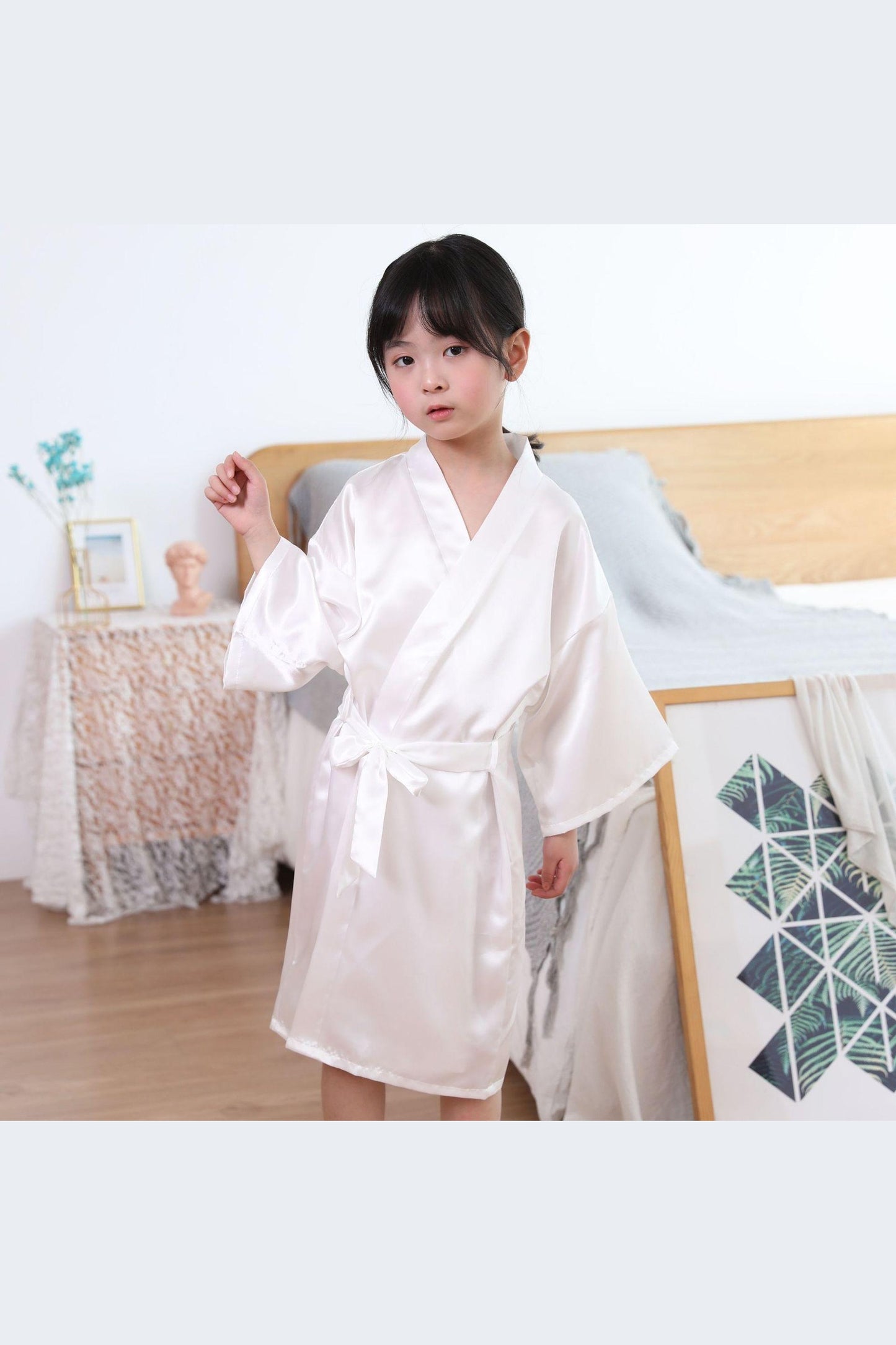 Children's Solid Color Dressing Gown Silk Nightgown Skirt Satin Bathrobe Long Cardigan Kimono - HEPSIBAH SHOP