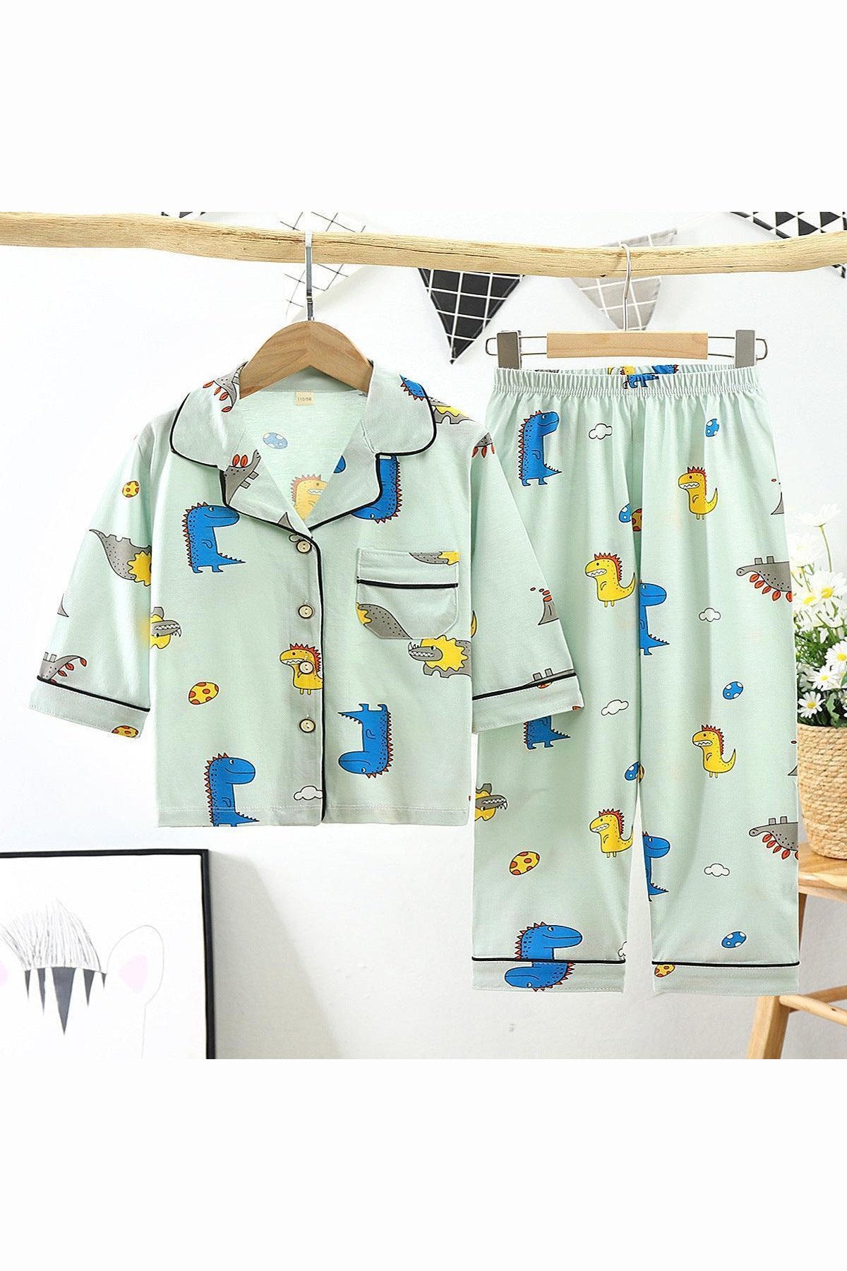 Cotton Kids Lapel Pajamas Set With Three Quarter Sleeves
