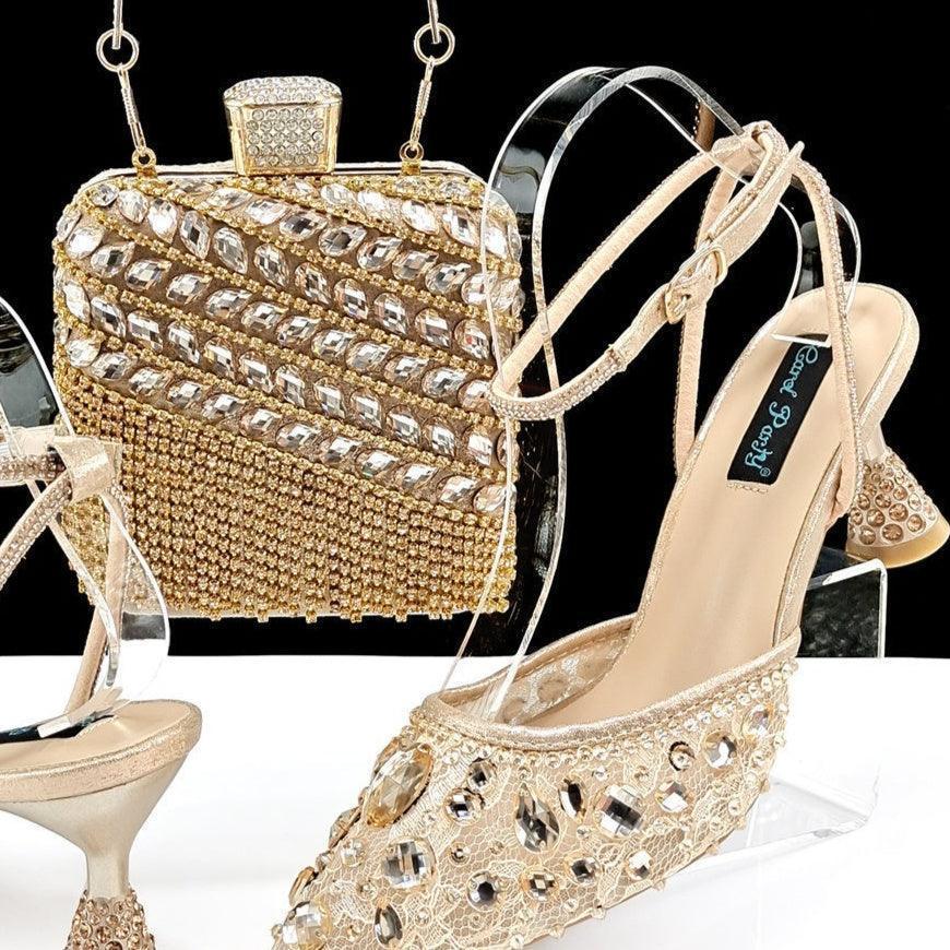 Large Rhinestone High Heel Sandals Three-dimensional Tassel Handbag Set - HEPSIBAH SHOP