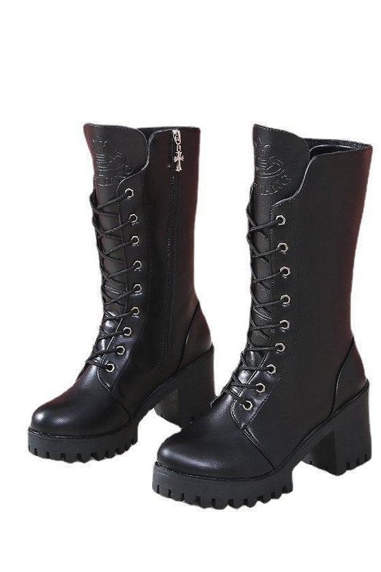 Cross Strap High Heel Short Plush Wedge Round Head Middle Boots - HEPSIBAH SHOP