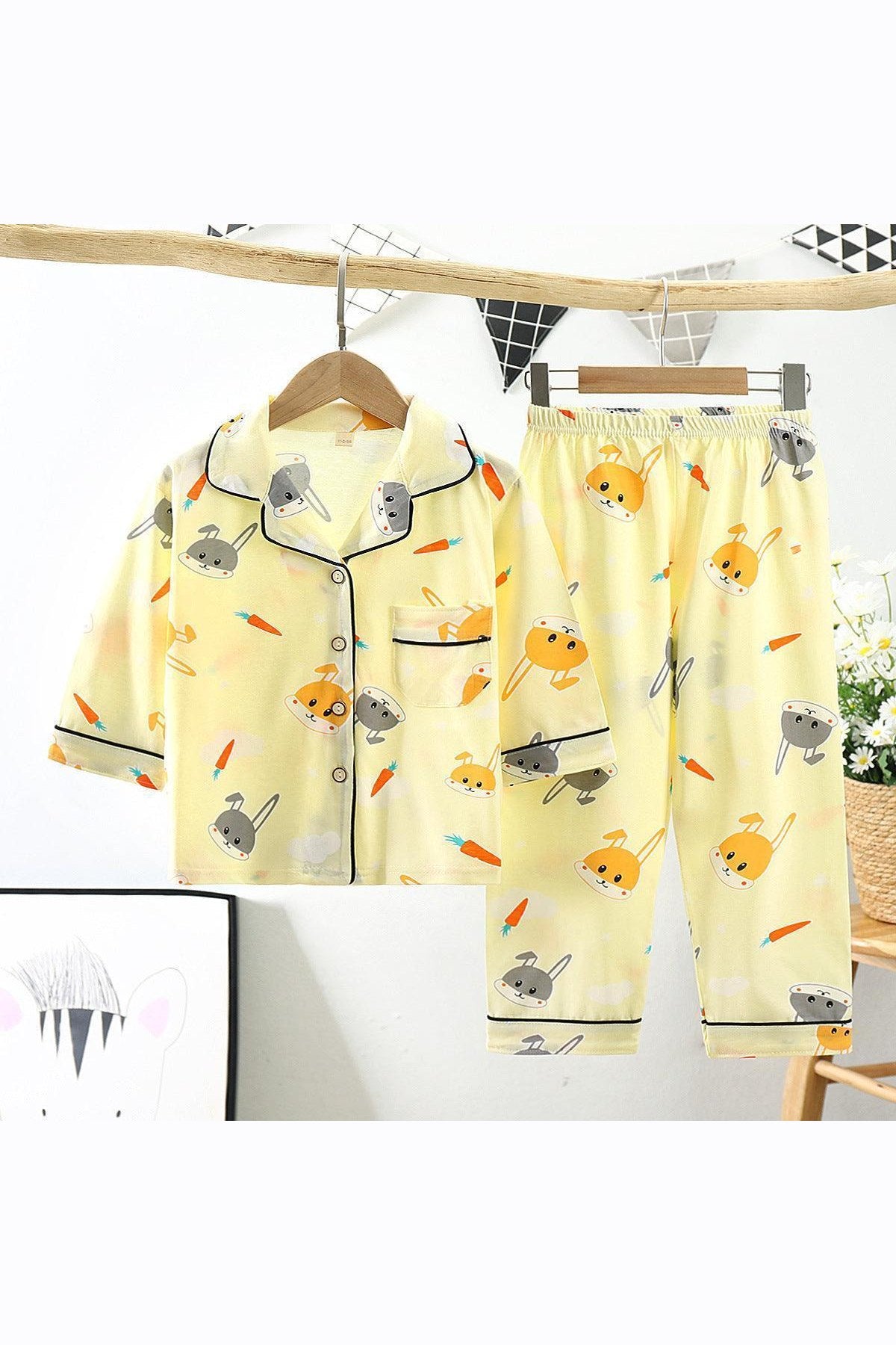 Cotton Kids Lapel Pajamas Set With Three Quarter Sleeves