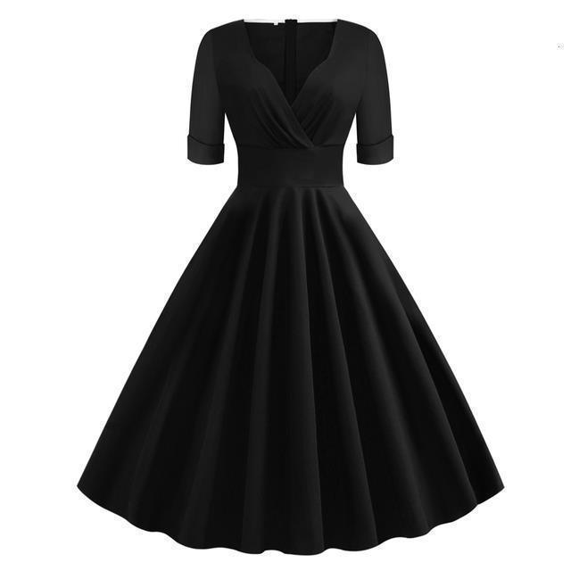 Green Solid Rockabilly S Vintage Ruched V Neck Party Dresses - HEPSIBAH SHOP