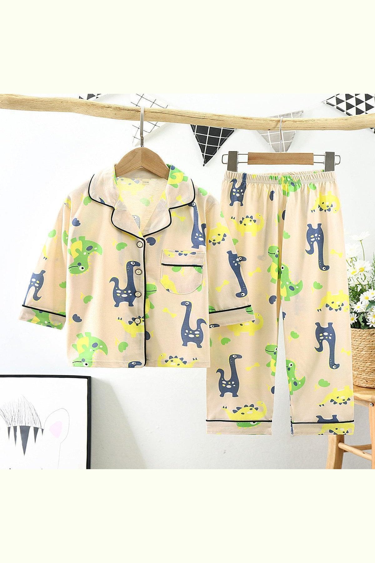 Cotton Kids Lapel Pajamas Set With Three Quarter Sleeves