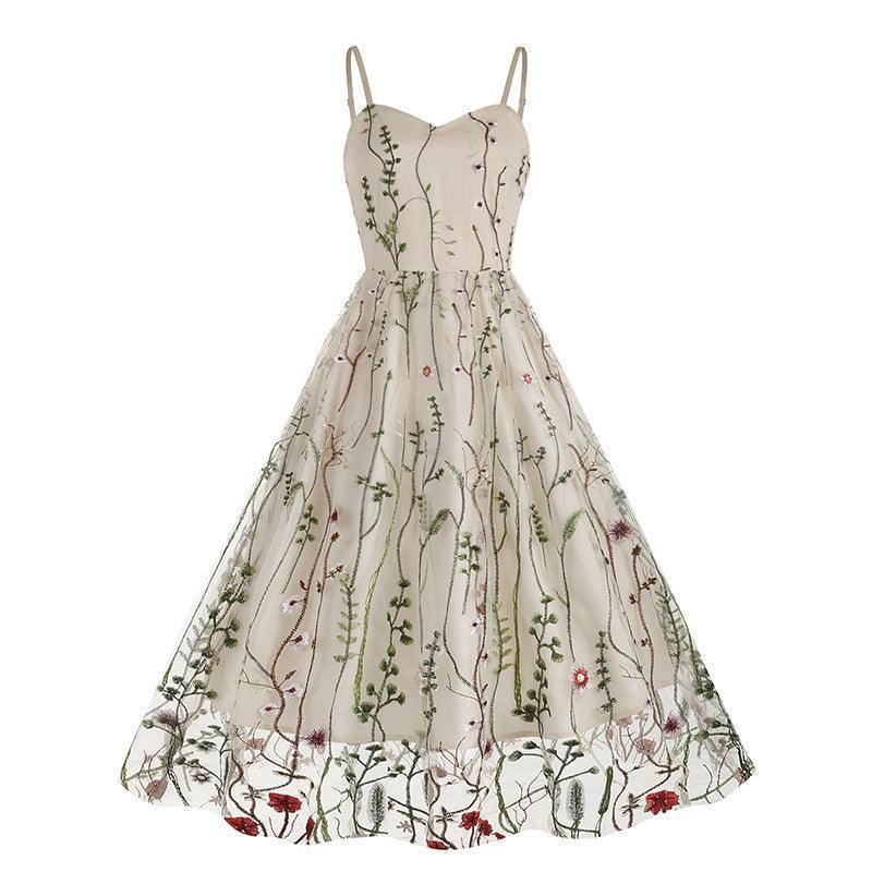Strap Embroidery Mesh Patchwork Retro Dress - HEPSIBAH SHOP