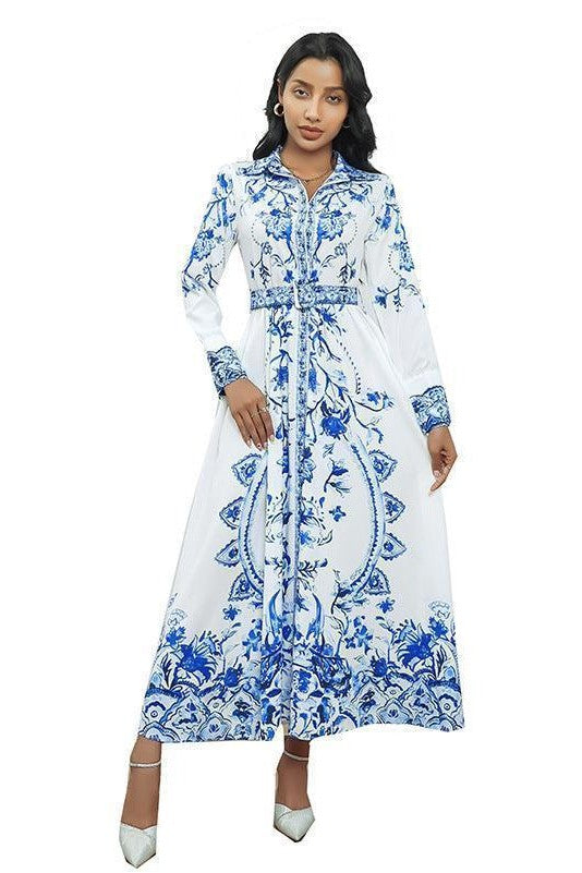 Real Shot Long Sleeve Stand Collar Retro Printed Dress - HEPSIBAH SHOP