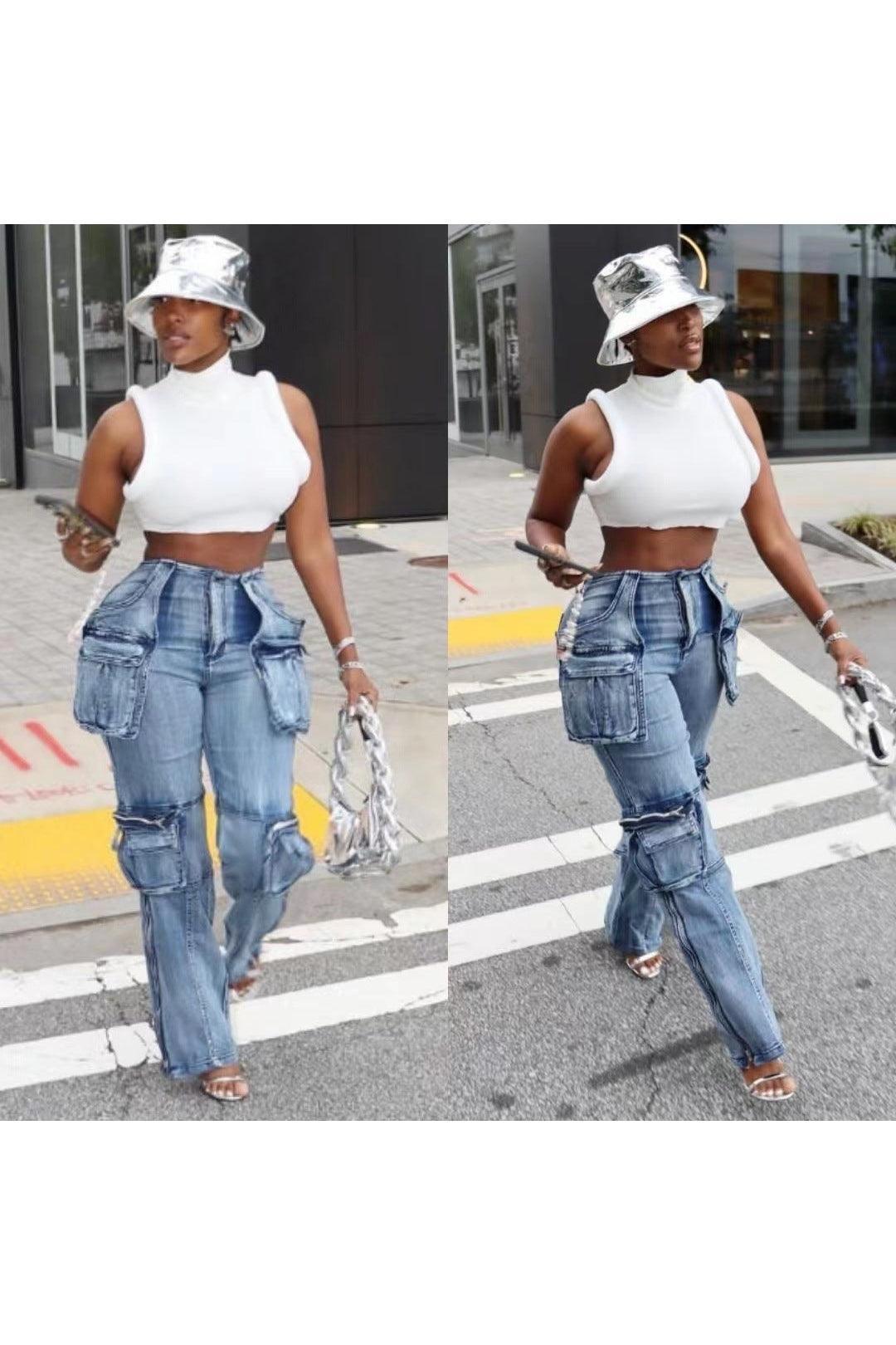 Fashion Casual Patchwork Multi-pocket Hamonica Jeans - HEPSIBAH SHOP