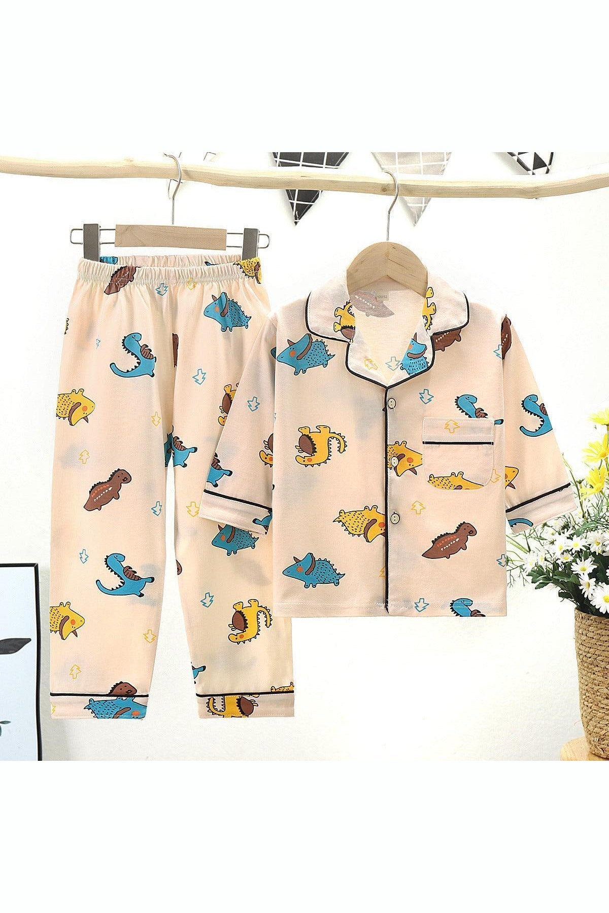 Cotton Kids Lapel Pajamas Set With Three Quarter Sleeves
