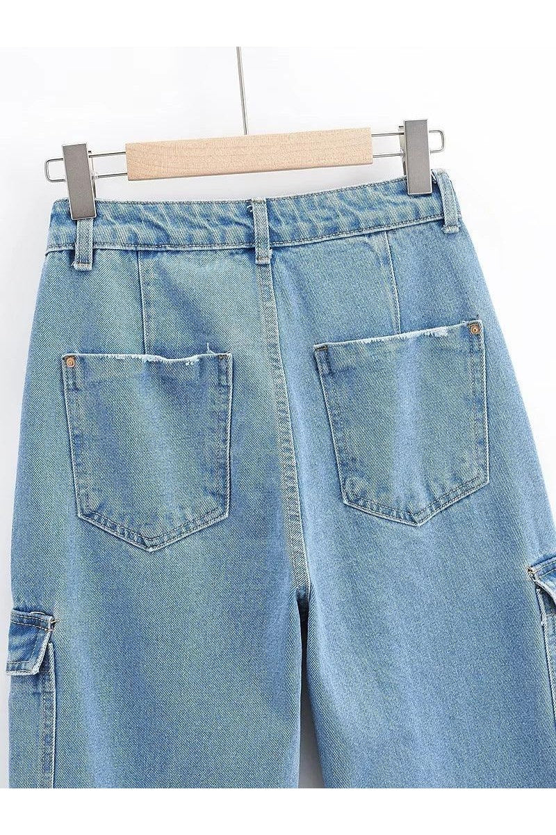 Washed Blue Pocket Decorated High Waist Wide-leg Jeans Women Casual Jeans - HEPSIBAH SHOP