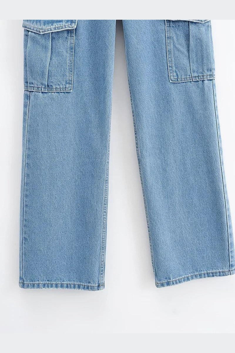 Washed Blue Pocket Decorated High Waist Wide-leg Jeans Women Casual Jeans - HEPSIBAH SHOP