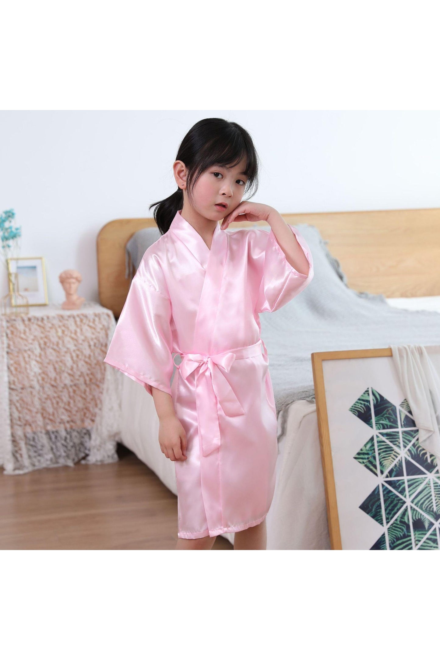 Children's Solid Color Dressing Gown Silk Nightgown Skirt Satin Bathrobe Long Cardigan Kimono - HEPSIBAH SHOP
