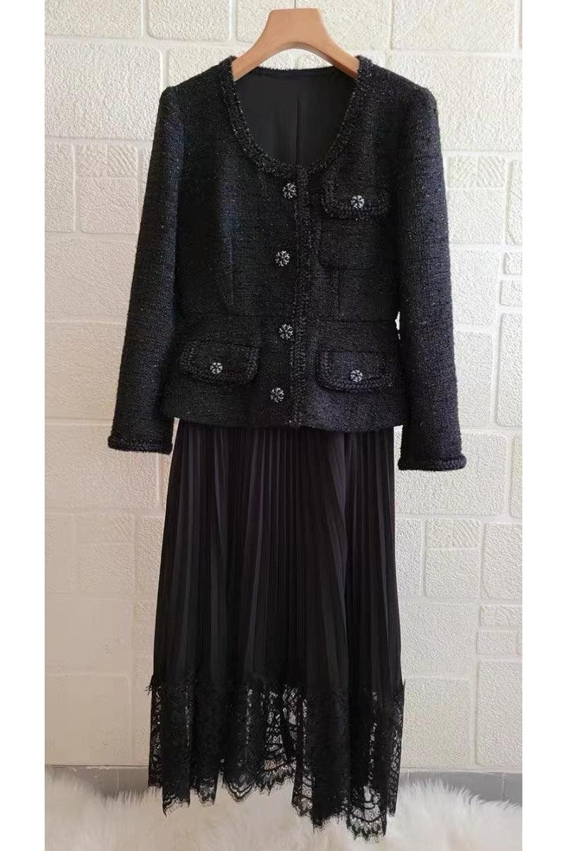 V-neck Long Sleeve Lace-up Cinched Patchwork Two-piece Dresses Women - HEPSIBAH SHOP
