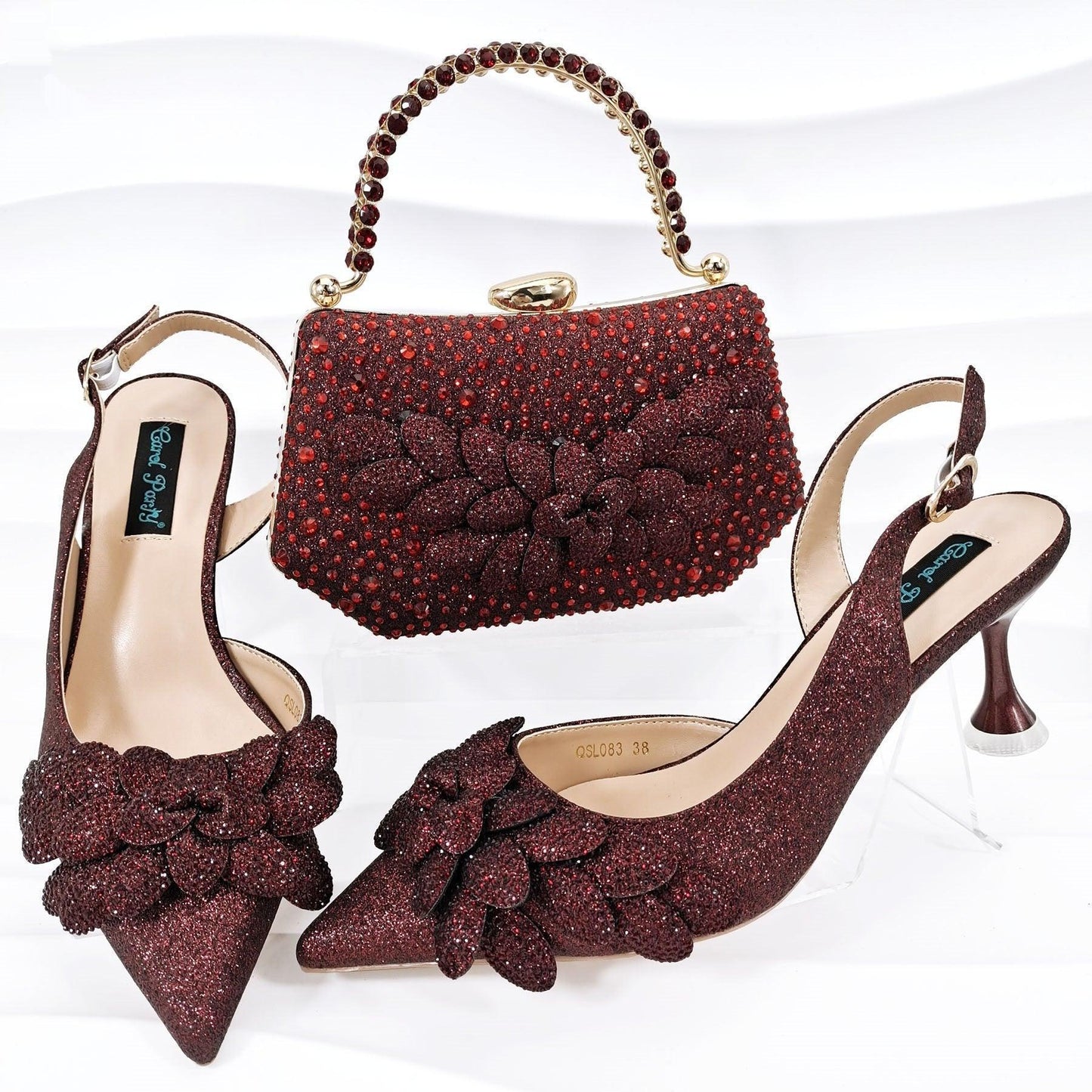 Cross-border Ladies Party Shoes Bag Set Handmade Leaf Decorative Wine Glass Heel - HEPSIBAH SHOP