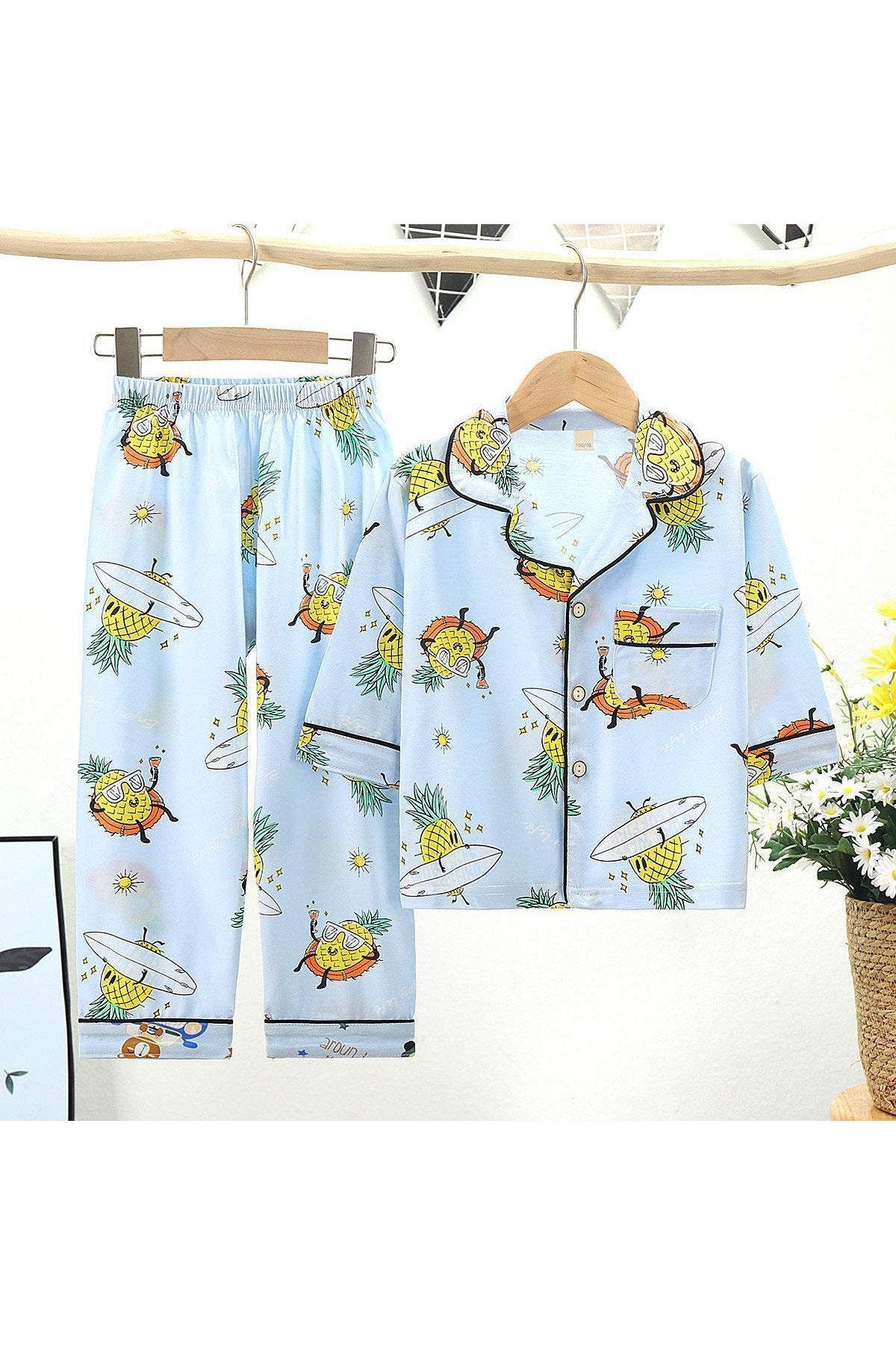 Cotton Kids Lapel Pajamas Set With Three Quarter Sleeves