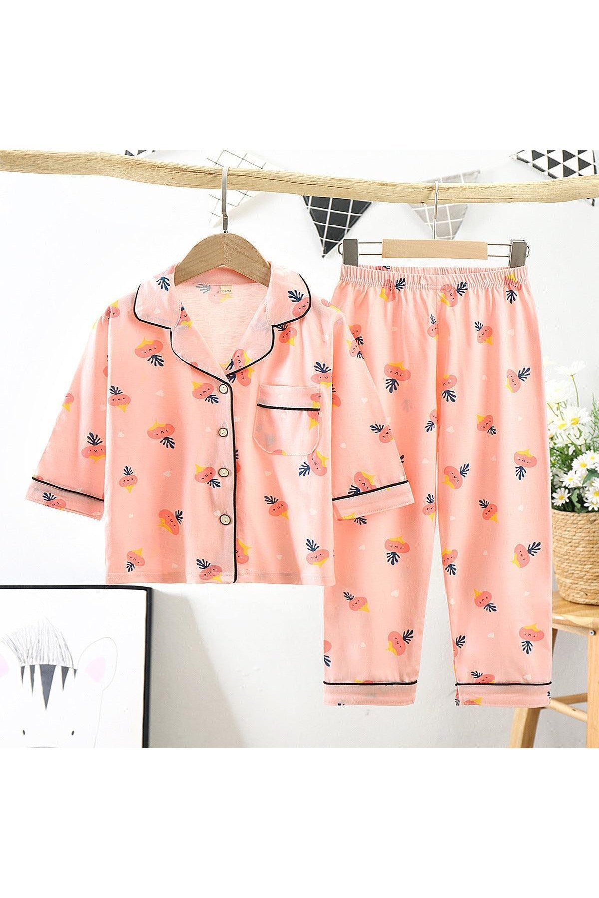 Cotton Kids Lapel Pajamas Set With Three Quarter Sleeves