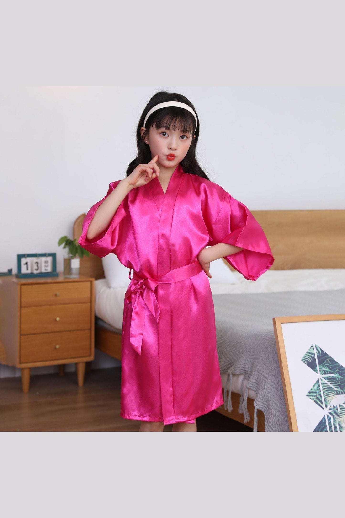 Children's Solid Color Dressing Gown Silk Nightgown Skirt Satin Bathrobe Long Cardigan Kimono - HEPSIBAH SHOP