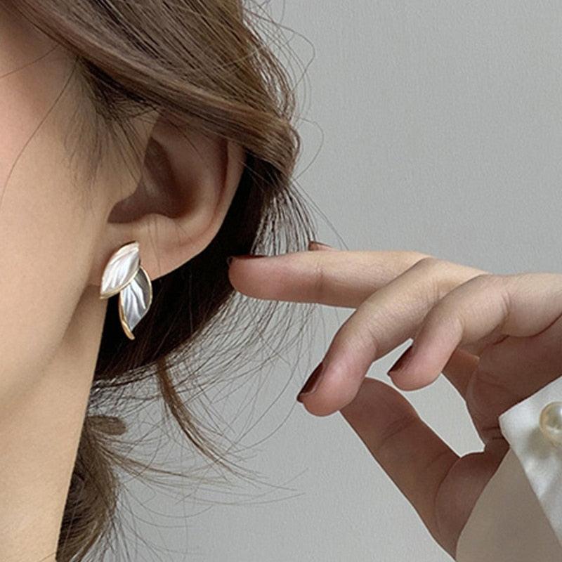 New Korean Sweet Grey Leaf Stud Earrings - HEPSIBAH SHOP