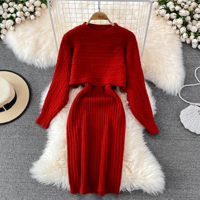 Women Elegant Slim Two Piece Sets Female Sweater Dress Autumn Winter High Waist Knitted Ensemble Femme Medium Long Party Dresses - HEPSIBAH SHOP