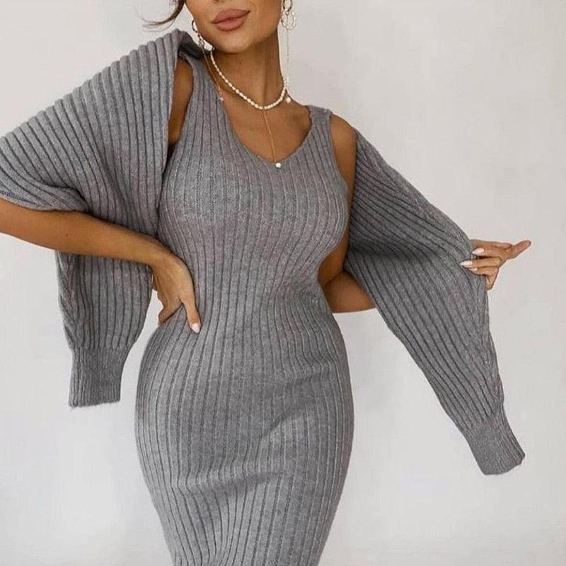 Women Elegant Slim Two Piece Sets Female Sweater Dress Autumn Winter High Waist Knitted Ensemble Femme Medium Long Party Dresses - HEPSIBAH SHOP