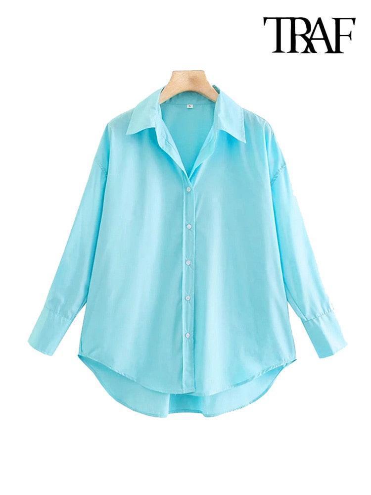 TRAF Women Fashion Loose Asymmetry Poplin Blouses Vintage Long Sleeve Button-up Female Shirts Blusas Chic Tops - HEPSIBAH SHOP