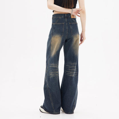 Retro Washed Dark Blue Straight Jeans - HEPSIBAH SHOP