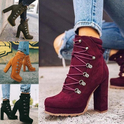 Heeled Boots For Women Round Toe Lace Up - HEPSIBAH SHOP