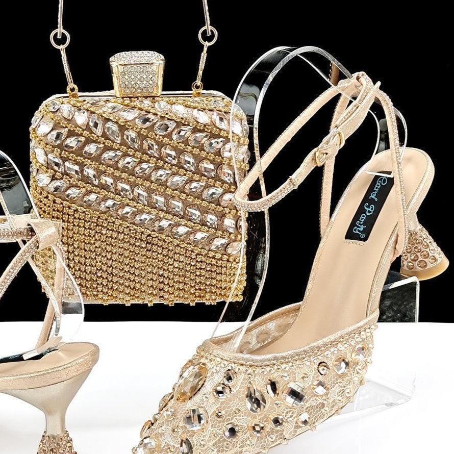 Large Rhinestone High Heel Sandals Three-dimensional Tassel Handbag Set - HEPSIBAH SHOP