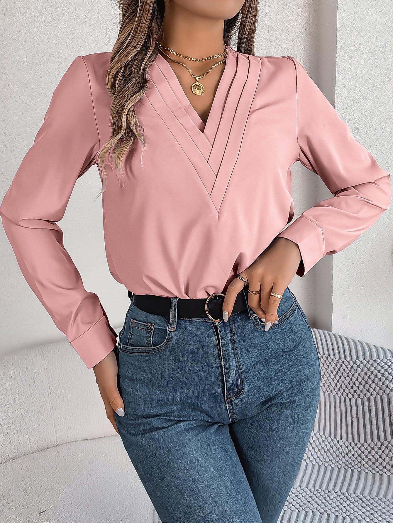 Fashion V-Neck Long Sleeve Shirt Elegant Commuter Solid Blouse Office Women's Clothing - HEPSIBAH SHOP