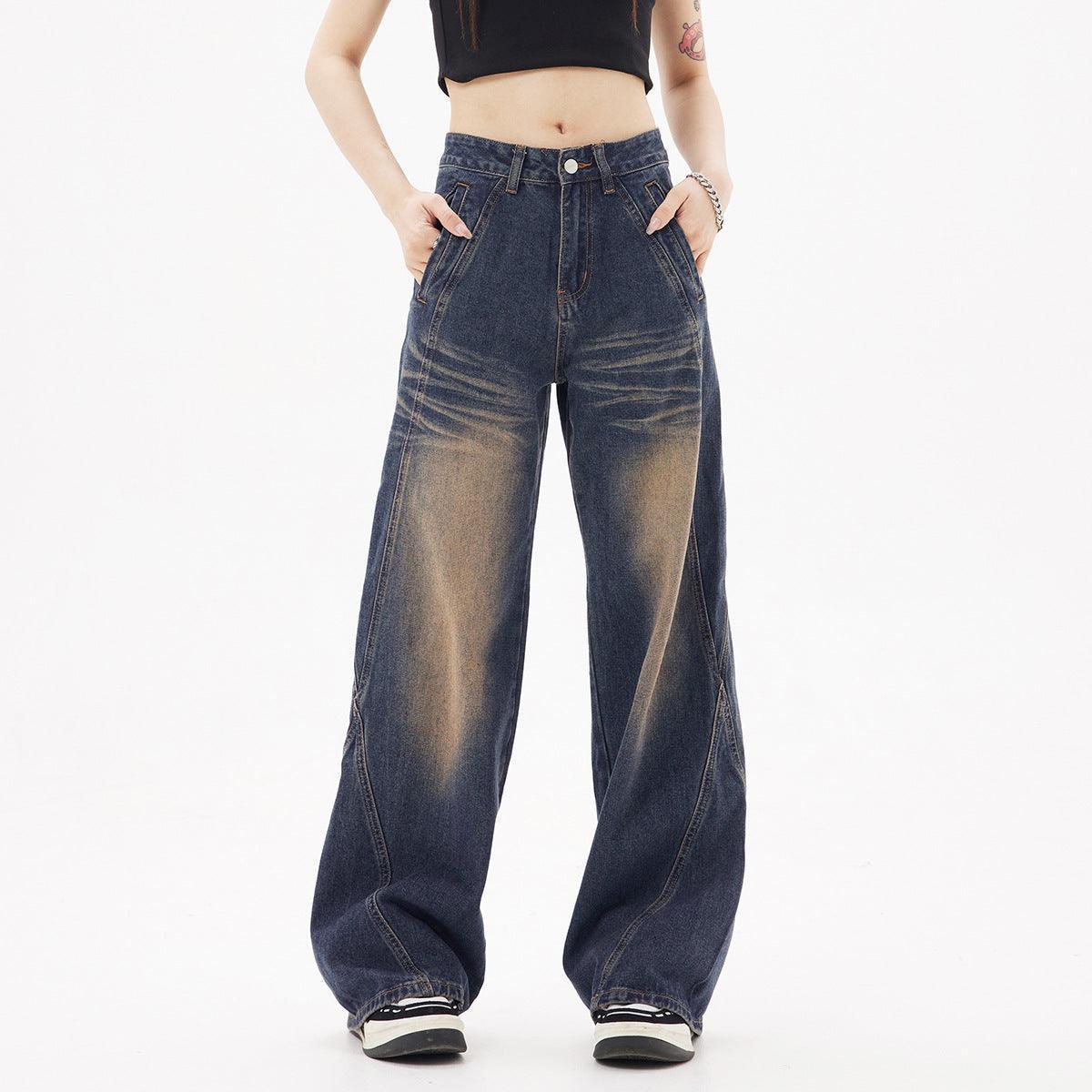 Retro Washed Dark Blue Straight Jeans - HEPSIBAH SHOP