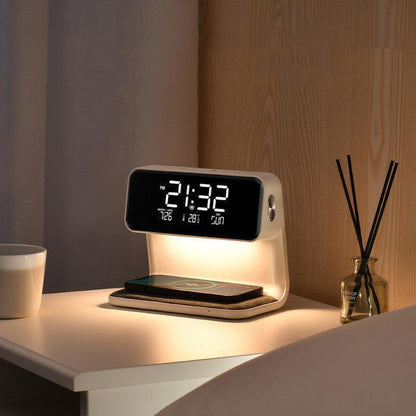 Creative 3 In 1 Bedside Lamp Wireless Charging LCD Screen Alarm Clock  Wireless Phone Charger