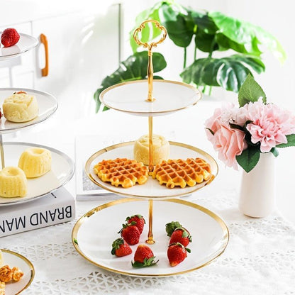 Decorative Tray European Gold Phnom Penh Ceramic Three-layer Fruit Tray Cake Stand Home Living Room Tea Table Afternoon Tea Candy Dessert Dessert Tray